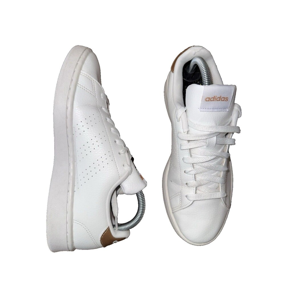 Adidas Advantage White Leather Sneakers Gold Heel Logo Lace Up Low Top Women's 8